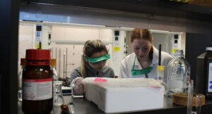 Sydney Demers and a lab partner in a chemistry lab