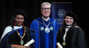 Mayor Lilian Seenoi Barr, President Maloney, and Councillor Niamh Kennedy at the Academic Achievement Awards