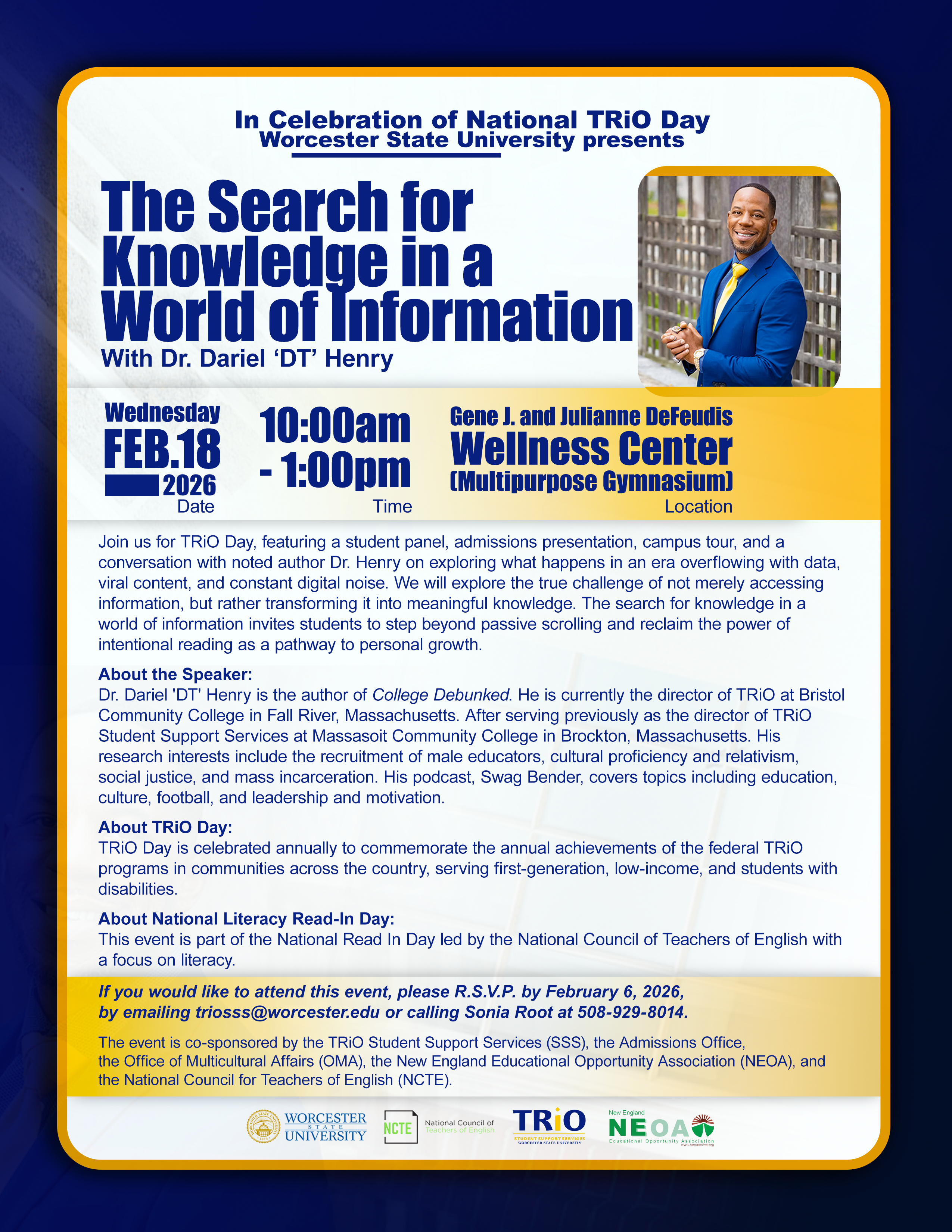 Flyer for a National TRIO Day event at Worcester State University featuring Dr. Dariel 'DT' Henry, with event details, description, and RSVP information.