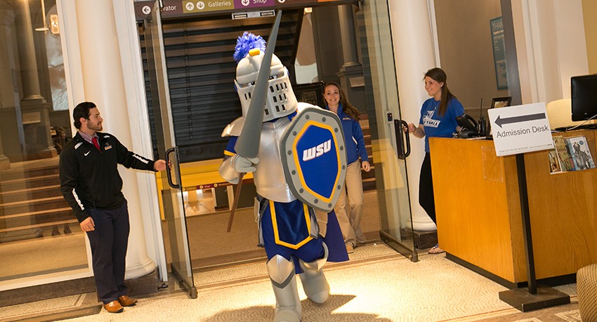 Worcester State University's new mascot, Clandler H. Lancer, is unveiled.