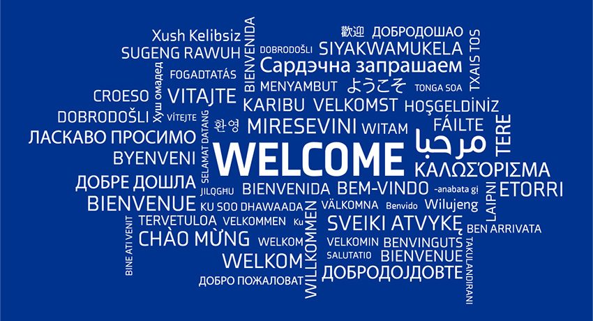 welcome word cloud graphic with blue background