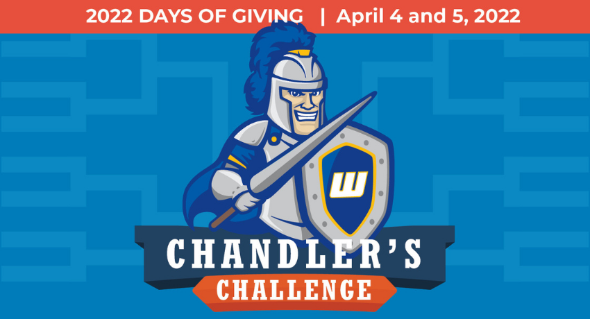 Chandler the school mascot with a sign that says 2022 Days of Giving April 4 and 5, 2022 -- Chandler's Challenge