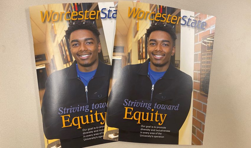 Cover of Worcester State Magazine with a Black male student and headline, Striving Toward Equity