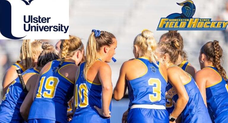 Female student athletes in a huddle with the words ulster University and Field Hockey