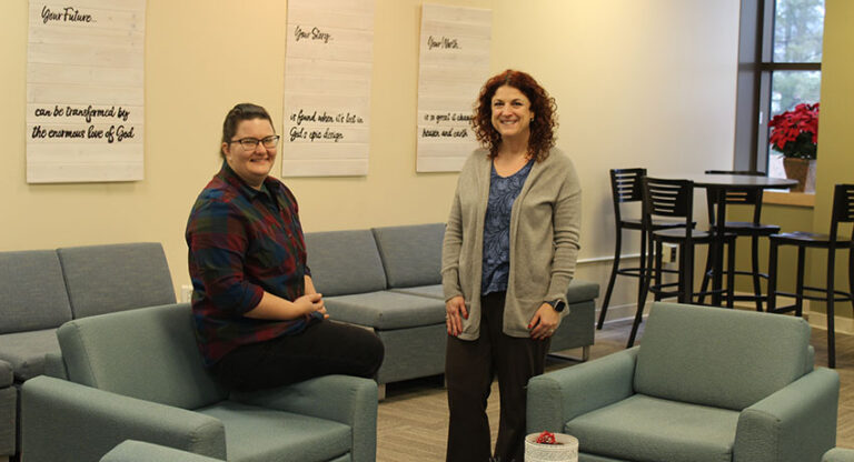 Kathleen Youngs (L) and Kristie McNamara in the new prayer and meditation lounge