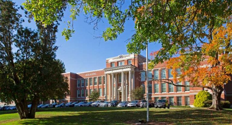 Brick building with pillars shrouded by trees