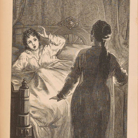 Sepia engraving of two women, one standing beside a bed, the other sitting up in the bed with an expression of surprise or alarm. From Carmilla