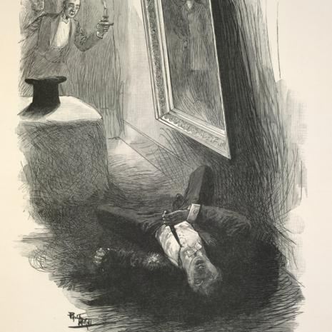 Engraving of a man on his back on the floor below a large portrait with the tip of a knife in his chest. Two other men, one holding a candle, gaze in surprise at him.