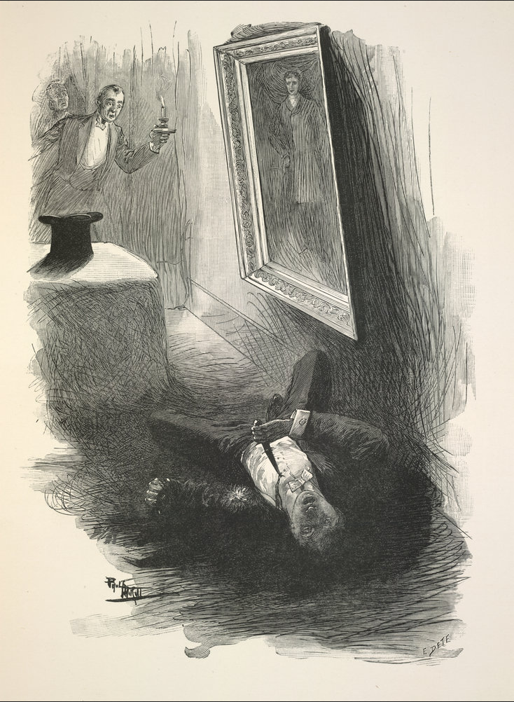 Engraving of a man on his back on the floor below a large portrait with the tip of a knife in his chest. Two other men, one holding a candle, gaze in surprise at him.