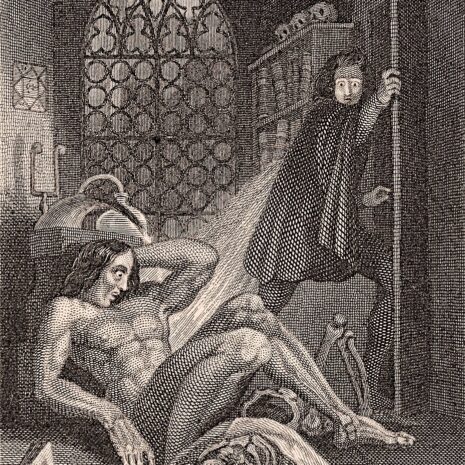 An engraving of Dr. Frankenstein, about about to exit through a door, looks in horror at the creature on the floor of a study next to skeleton