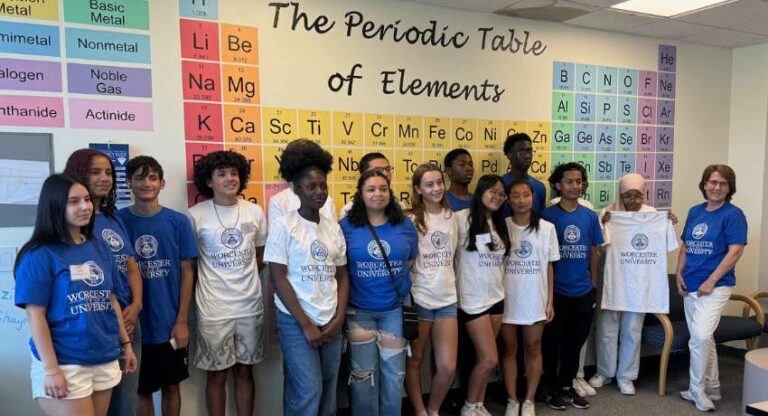 Big group of high school students in front of periodic table mounted on wall behind them