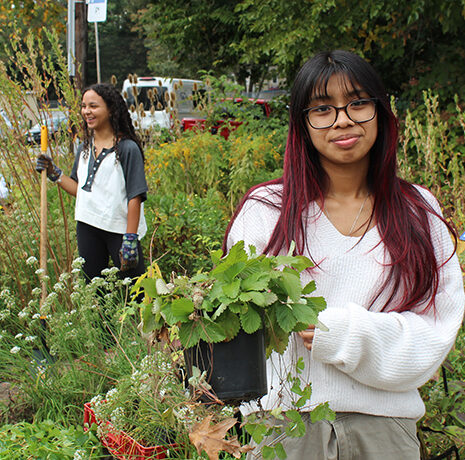 Three people work in a garden; one woman in the foreground holds a plant, while two others stand in the background near a shovel and a blue informational sign.