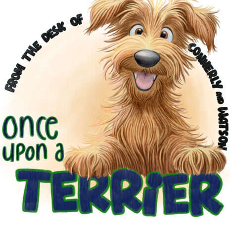 Illustration of a happy brown terrier dog with the text 