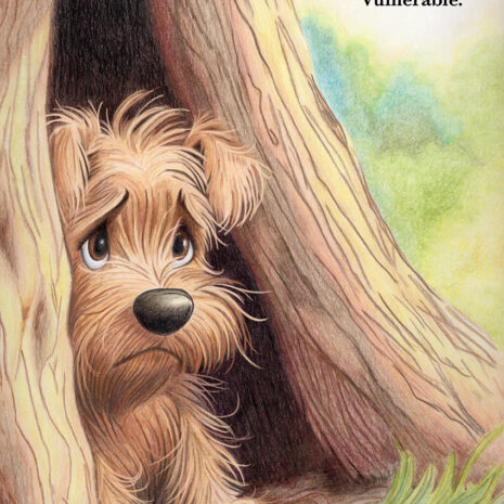 A small, scruffy brown dog with sad eyes peeks out from inside a hollow tree. The word 