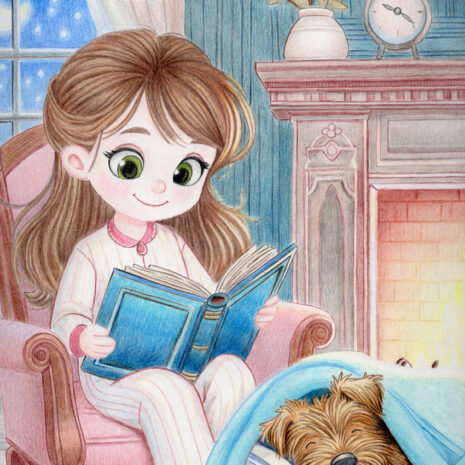 A girl in pajamas reads a book by the fireplace while a dog sleeps under a blue blanket nearby.