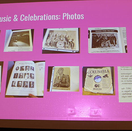A presentation slide titled "Team Music & Celebrations: Photos" displays ten images of vintage documents, certificates, and photographs related to music and celebrations.