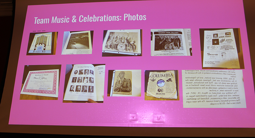 A presentation slide titled "Team Music & Celebrations: Photos" displays ten images of vintage documents, certificates, and photographs related to music and celebrations.