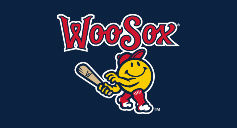 WooSox logo with red and white text above a smiling yellow baseball character wearing a red cap and pants, holding a bat, on a dark blue background.