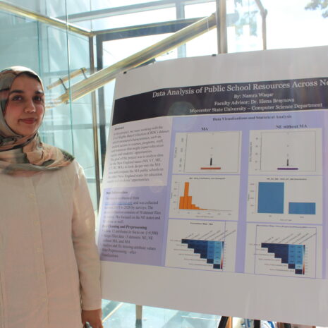 A student in a hijab stands beside her academic research poster titled “Data Analysis of Public School Resources Across New England.”